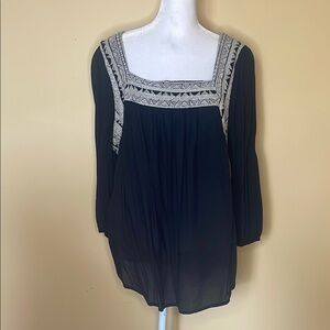 Lucky Brand Black Boxy Blouse with Bib Collar and Embellishments